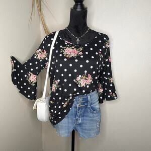 Black floral bell sleeve blouse